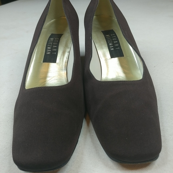 Stuart Weitzman Brown Fabric Square Toe Block 2" H - Picture 1 of 8